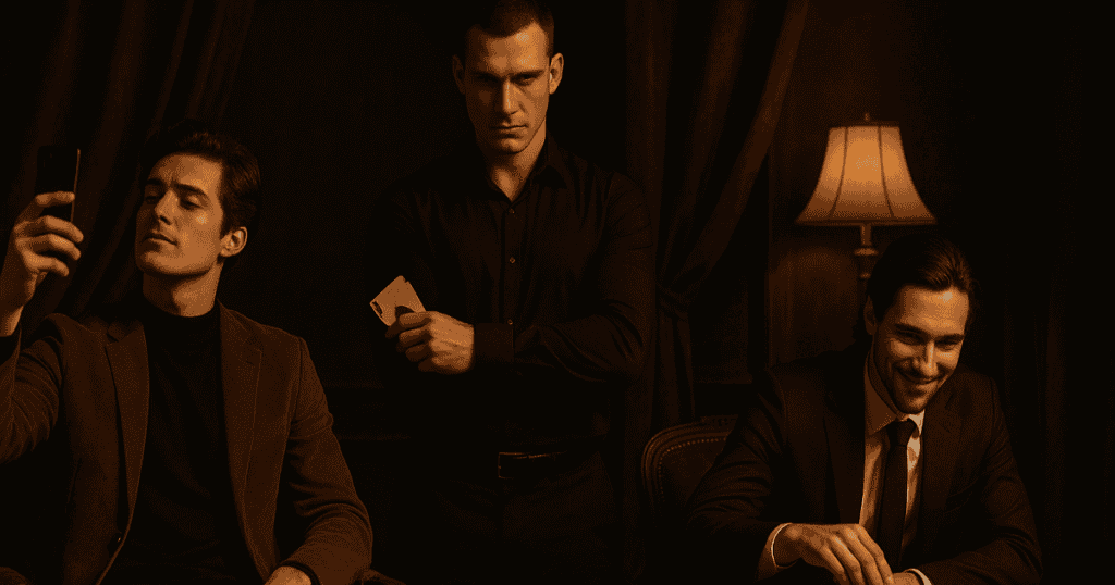 Three men sit in a dark room, one taking a selfie, one holding cards sternly, and one smirking, representing narcissists, psychopaths, and manipulators in the Dark Triad.