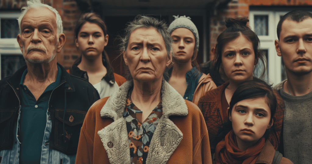 A stern-looking group of eight people stand together, symbolizing the different faces of narcissists and the hidden truths they reveal.
