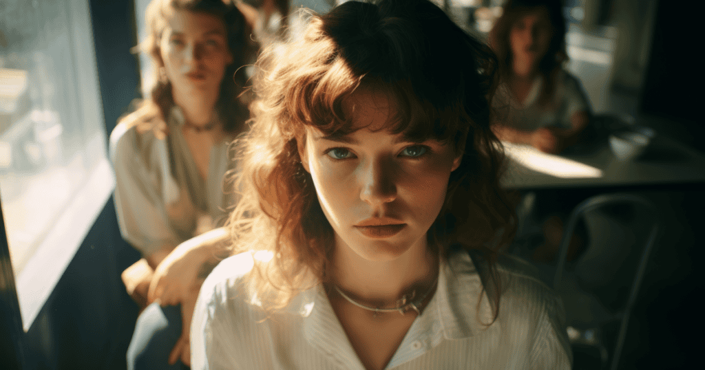 A woman sits in the foreground with more women behind her, representing gaslighters multiplying within a group.