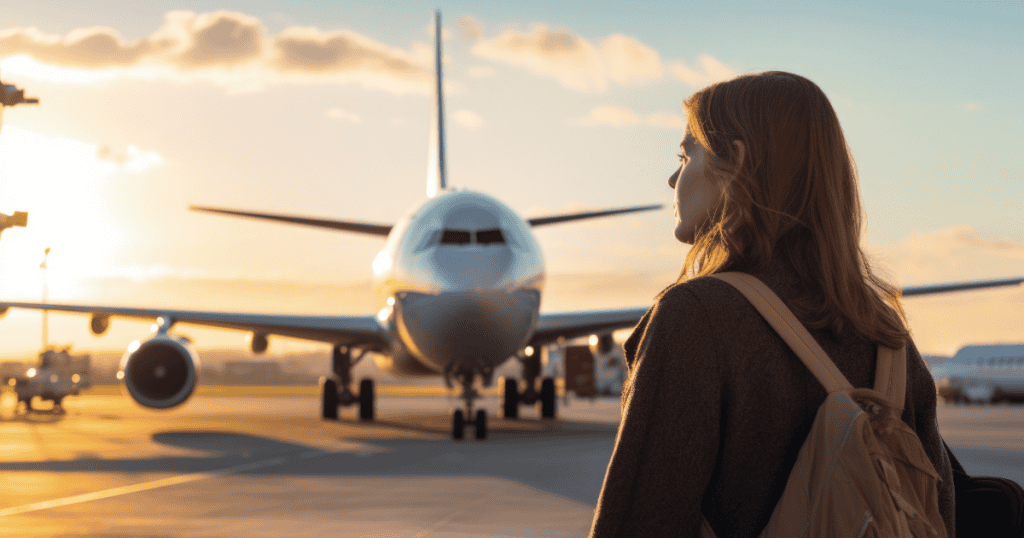 A woman with a backpack standing at an airport, looking toward a plane at sunset, symbolizing the moment she embraced the hard truth about narcissists and chose freedom over staying trapped.