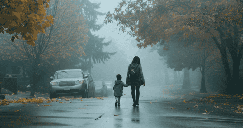 A woman and child walk hand in hand down a foggy, autumn street, reflecting the loneliness and abandonment tied to a narcissistic mother who left when support was needed most.