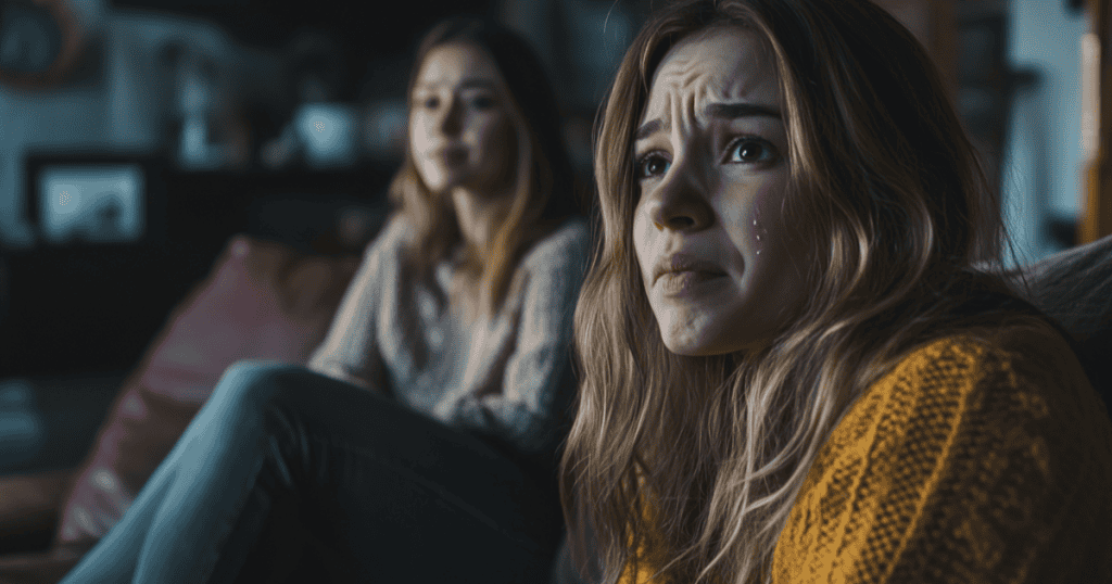 A young woman in a yellow sweater cries with visible tears while another person watches from the background, symbolizing the scapegoat role in collective narcissism.