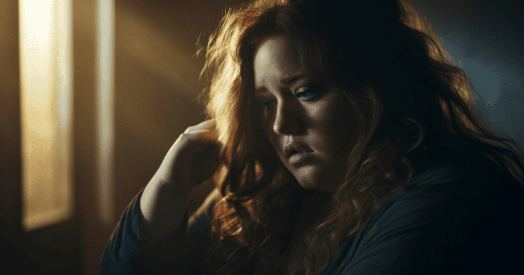A somber woman sitting in soft light with a heavy expression, visually capturing how narcissists manipulate reality until survivors internalize the blame themselves.