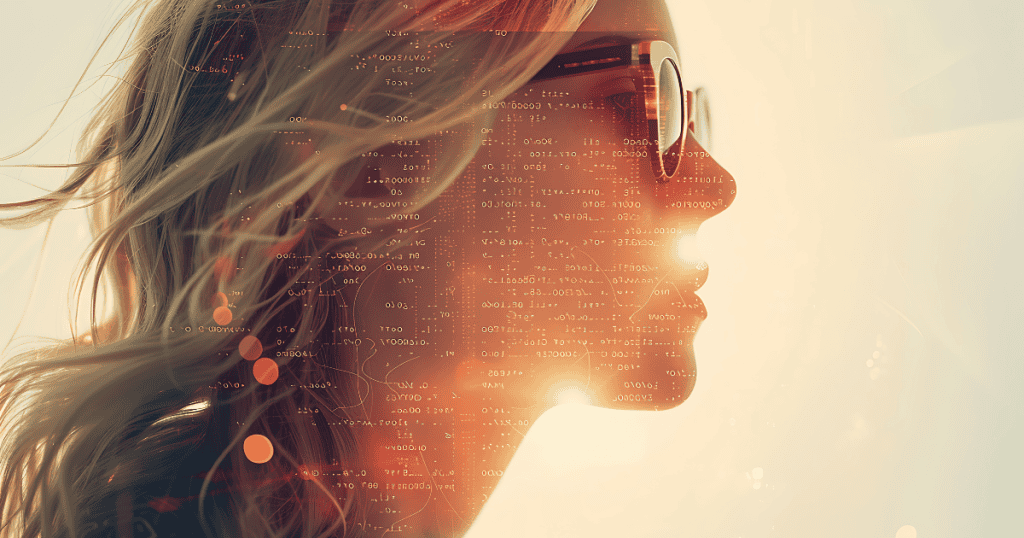 A woman in profile wearing glasses is overlaid with digital code, symbolizing the process of turning familiarity with narcissistic patterns into tactical intelligence.