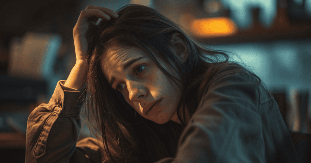 A tired woman rests her head on her hand with a weary expression, symbolizing how narcissists aim to wear you down emotionally over time.