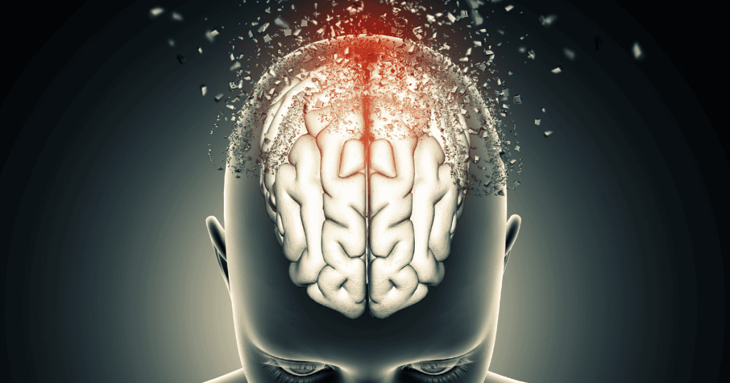 A digital illustration shows a brain inside a human head with the top shattering into fragments, symbolizing the mental damage circular conversations with narcissists inflict on your brain.