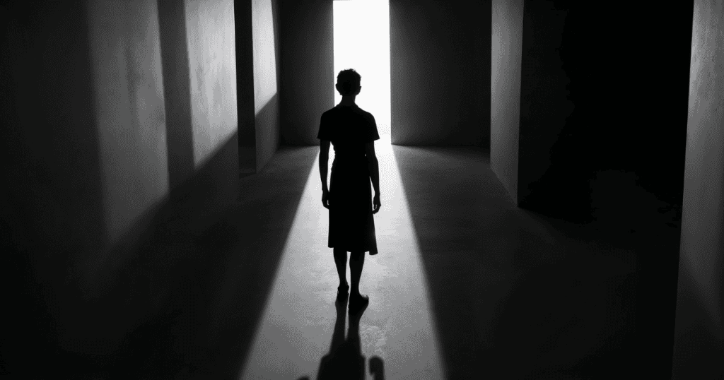 A person stands in a dark hallway facing a bright open doorway, illustrating that forgiveness does not mean reopening doors to those who caused harm.
