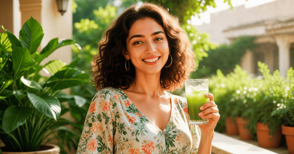 A smiling woman stands in a sunlit garden holding a green drink, representing the peace and clarity that come from recognizing who truly supports your well-being.