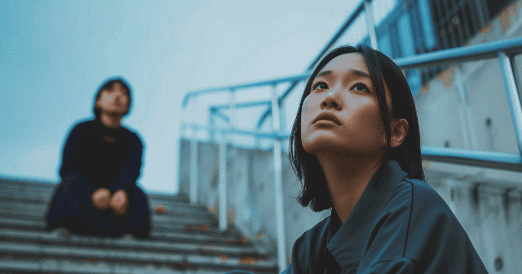 A young woman looks upward in thought while another figure sits blurred in the background, symbolizing why narcissism isn’t one-dimensional and affects people in complex ways.