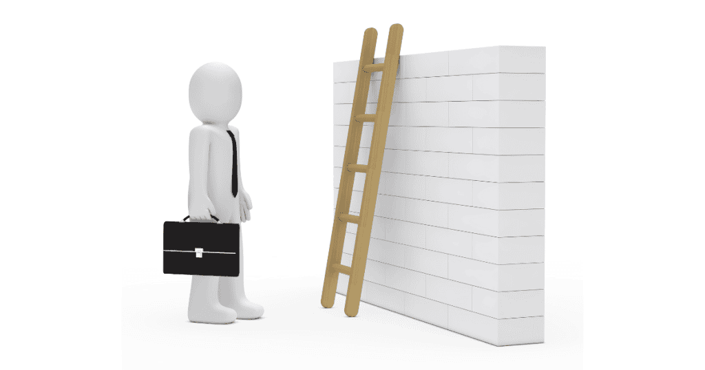 A 3D figure holding a briefcase stands before a wall with a ladder, symbolizing how narcissists quickly climb the career ladder despite obstacles.