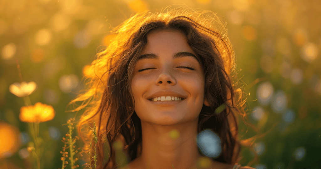 A woman stands in a glowing field of wildflowers, eyes closed and smiling peacefully, because healing feels like sunlight finally reaching your skin.