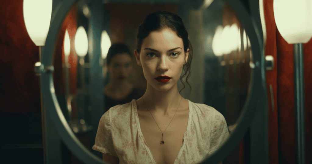 A woman looks at her reflection in a mirror with a blurred figure behind her, symbolizing that a narcissist’s hate is a projection and not truly about you.