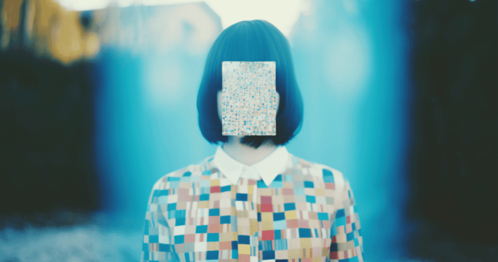 An abstract image shows a woman with her face obscured by a pixelated block, symbolizing how narcissists store wounds but erase kindness from memory.