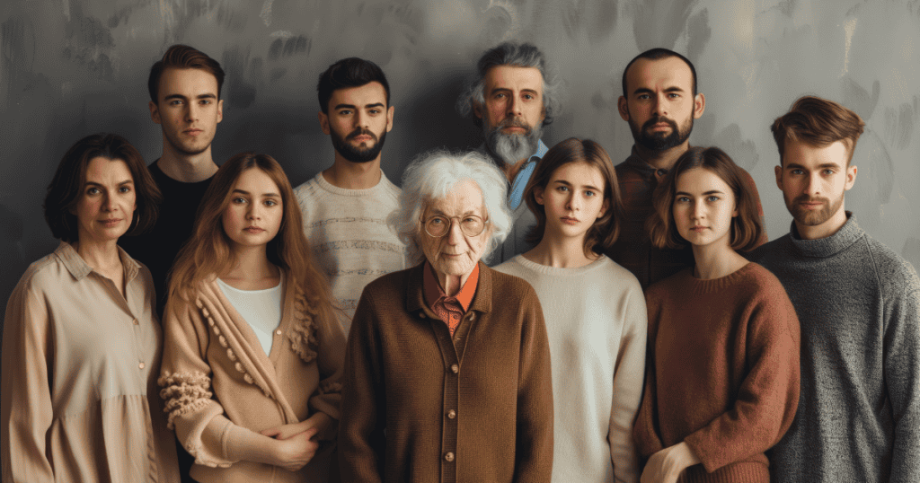 A solemn multigenerational family portrait, symbolizing collective narcissism; when entire families protect the abuser.