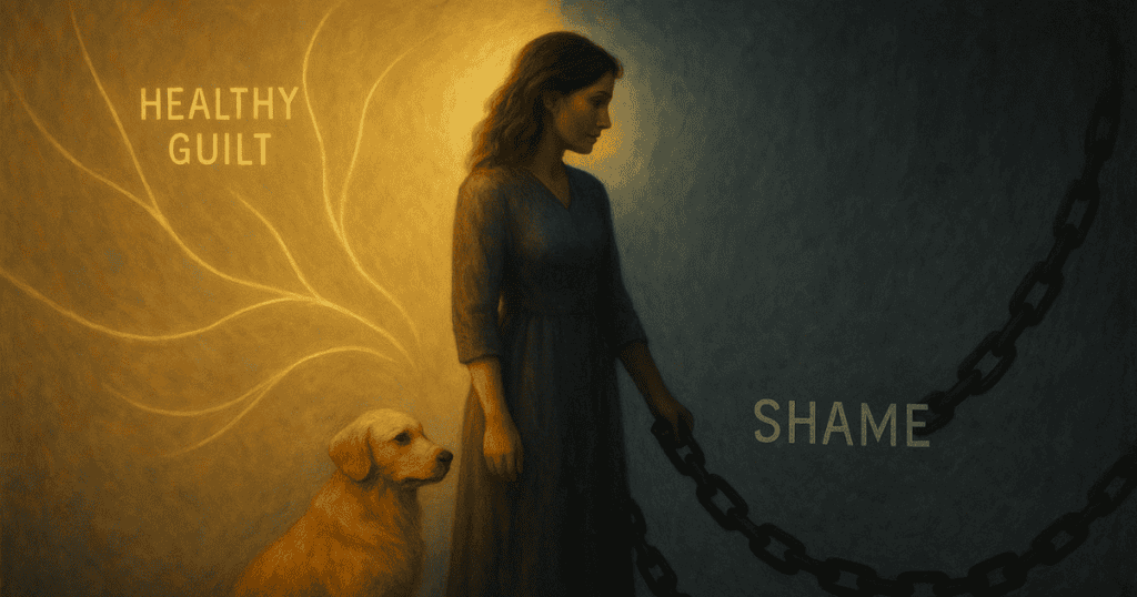 A woman in a dress stands with a golden retriever beside glowing threads of “healthy guilt” while holding chains labeled “shame,” symbolizing how narcissists train you to carry guilt that isn’t yours.