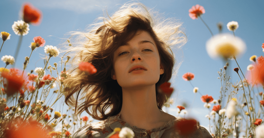 A young woman stands in a field of blooming wildflowers under a clear blue sky, symbolizing healthy narcissism as a surprising trait that can support healing.