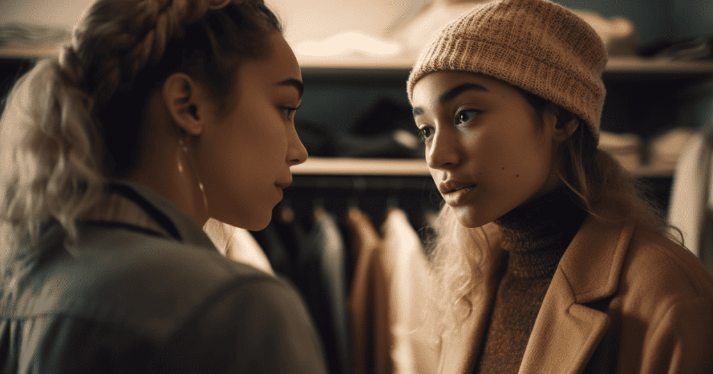 Two women stand face to face in tense conversation, illustrating how to deal with a narcissist who resents you while still protecting your own power.