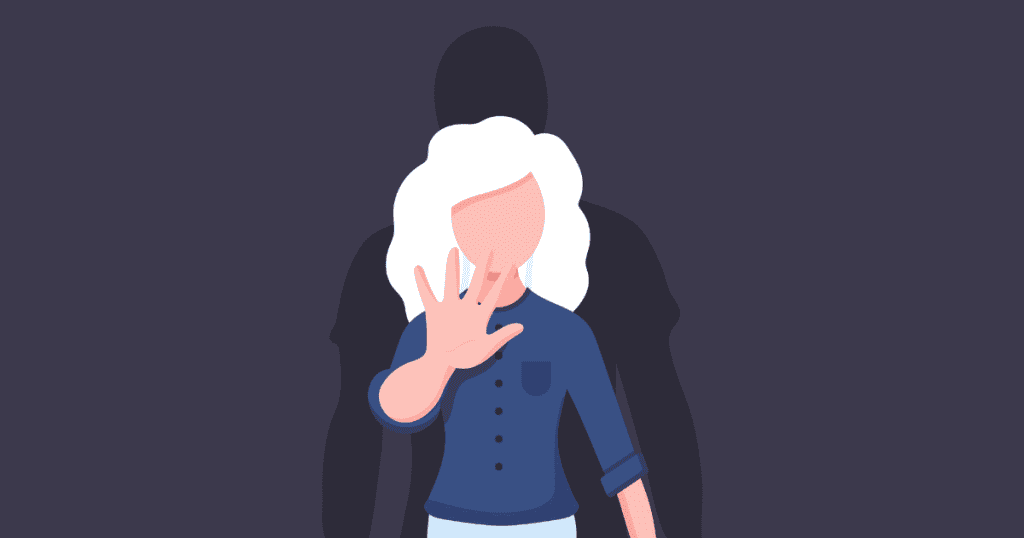 An illustration shows a woman with her hand raised in a stop gesture while a dark shadow looms behind her, symbolizing the hidden truth about stopping narcissistic abuse.