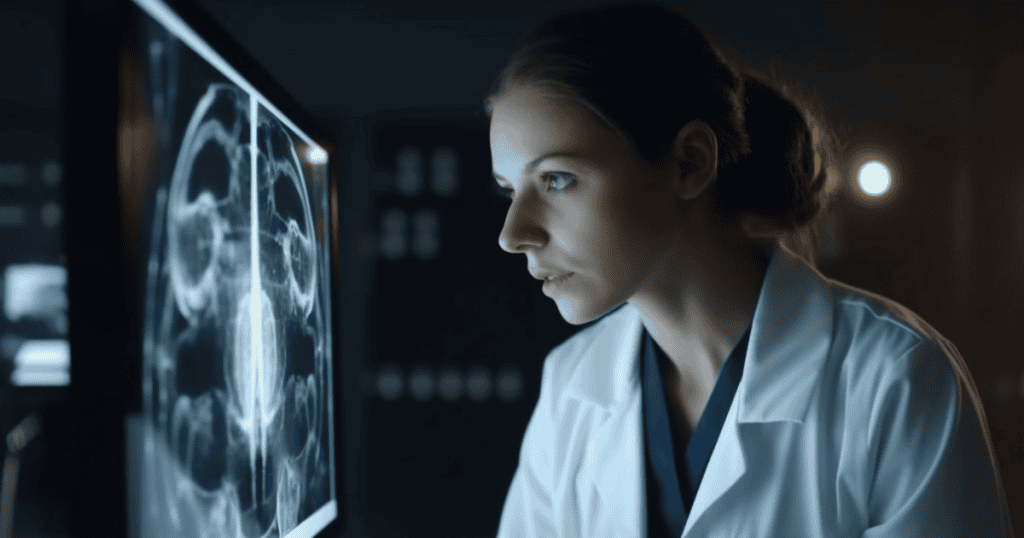 A female scientist in a lab coat examines a brain scan on a large screen, symbolizing research that reveals narcissistic traits are rooted in their brain, not the survivor.