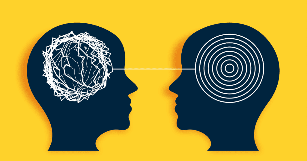 An illustration shows two silhouetted heads, one filled with tangled lines and the other with concentric circles, symbolizing how conversations with narcissists go in circles and mentally exhaust you.