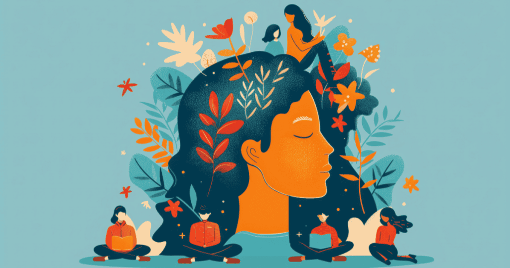An illustrated woman with closed eyes surrounded by plants and people reading symbolizes the simple yet soothing mental health advice that helps recovery after narcissistic abuse.