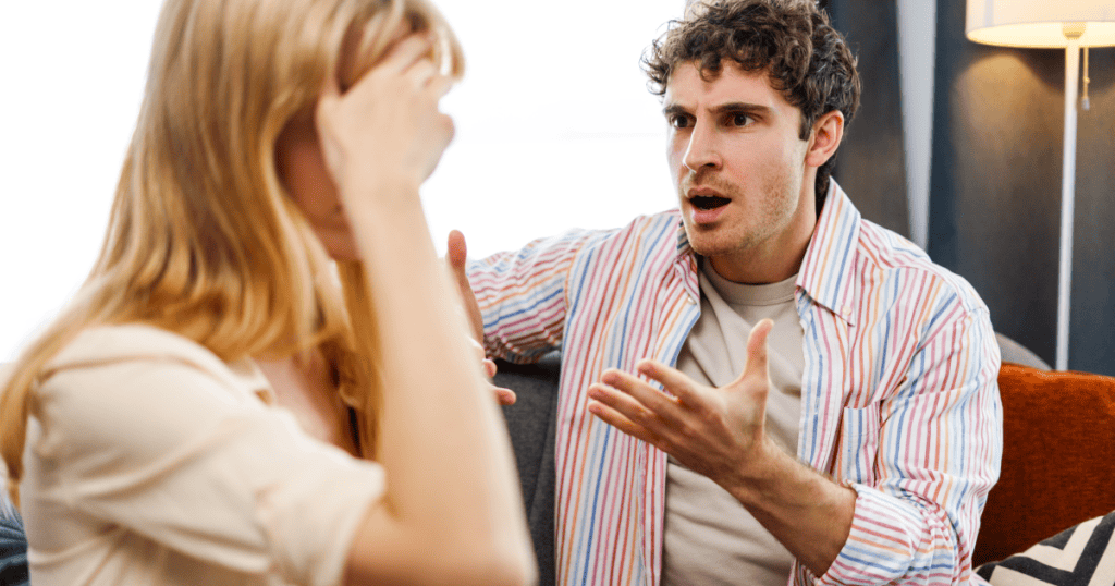 A narcissistic brother argues while his sister looks distressed and holds her head in her hands.