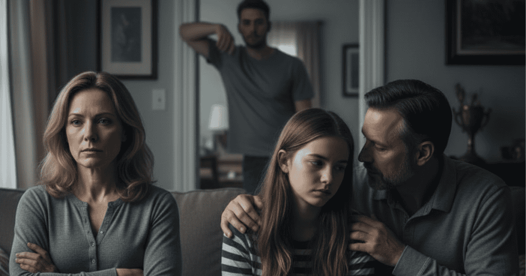 A tense family sits in silence with distant expressions while a man looms in the background, showing how a narcissist uses nonverbal tactics to control and manipulate.
