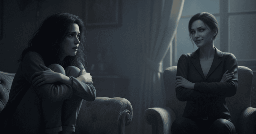 A distressed woman sits curled up on a chair while another woman watches with a cold, controlling expression, illustrating the silent manipulation tactics a narcissist uses to control.