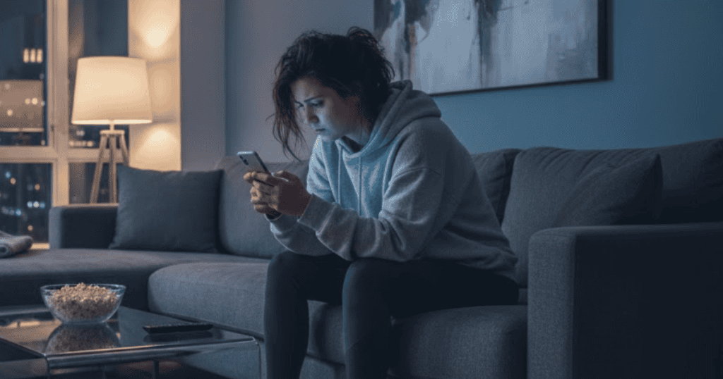 A person sits alone on a couch in a dimly lit room, intensely looking at their phone, representing a state of persistent anxiety.
