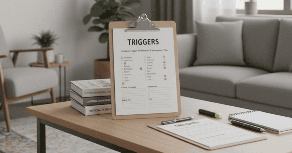 A close-up view of a clipboard on a coffee table with a "TRIGGERS" sheet, suggesting a focus on identifying emotional responses.