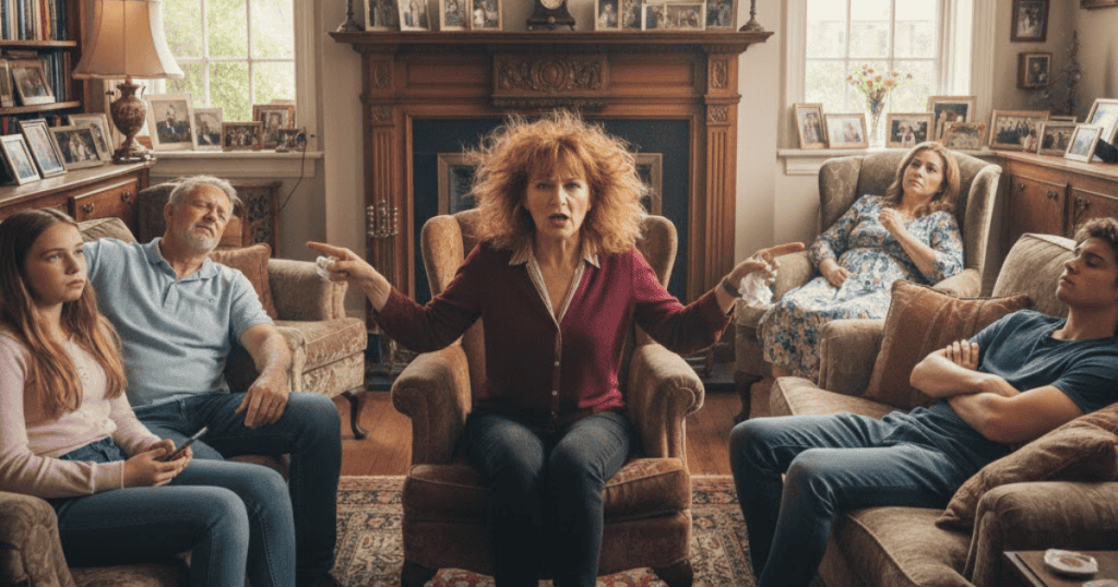 A fiery-haired woman dominates the center of a family gathering, pointing outward while holding tissues, illustrating a need to be the center of attention.