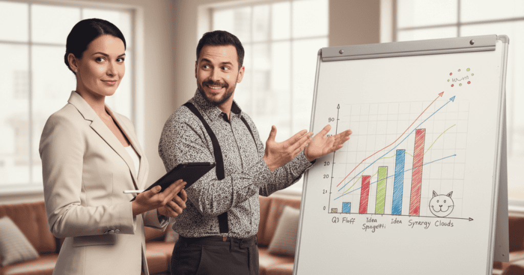 A man and woman present a whiteboard chart with business-themed labels like "Idea Spaghetti" and a drawing of a cat; the question in the file title suggests they are being asked to validate their optimistic results.