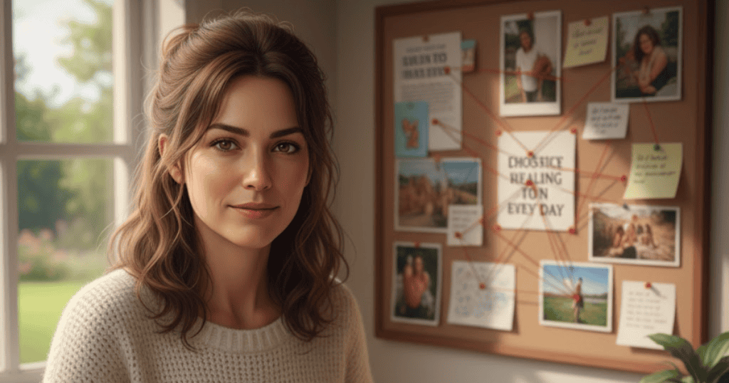 A woman with a soft smile stands next to a window and a corkboard filled with photos and notes; her focused gaze suggests a commitment to a daily self-care routine.