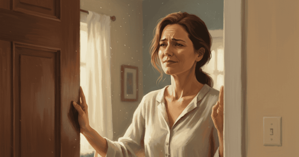 A woman with a distressed expression stands partially hidden behind a door frame, illustrating the discomfort when a personal line of defense is met with a strong emotional reaction.