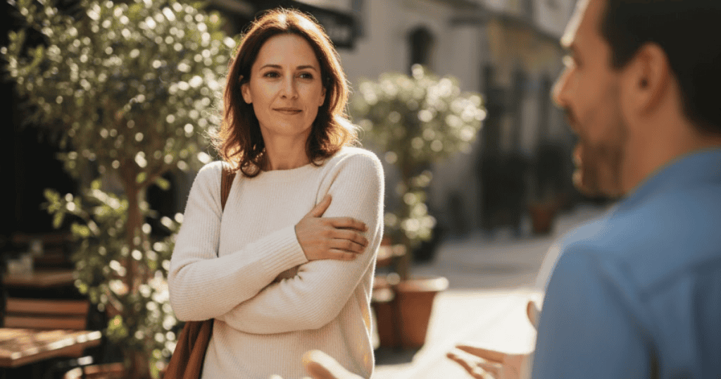 A woman with her arms crossed looks calmly at a man speaking to her outside; she is declining to continue a difficult conversation.