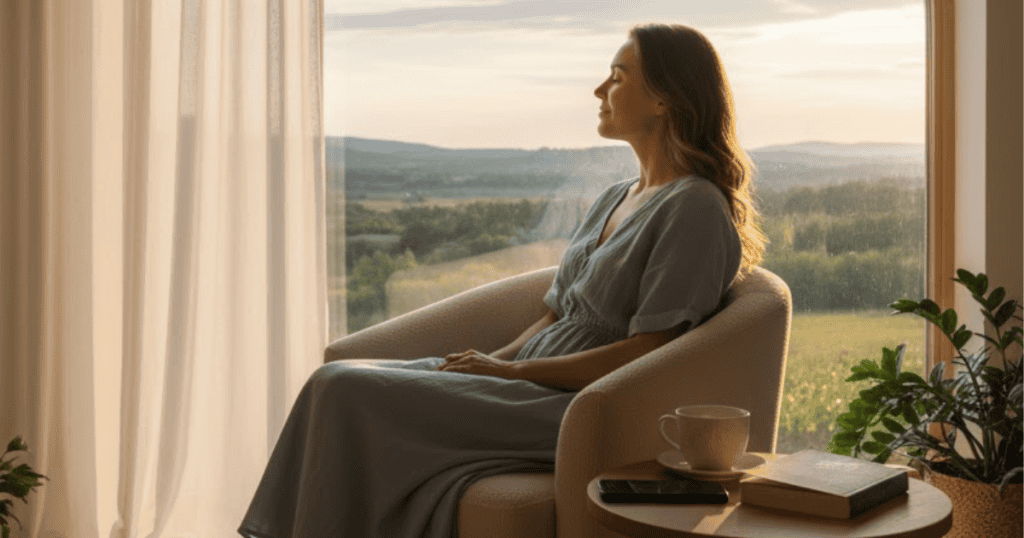 A woman sits calmly in a cozy armchair by a sunlit window, with her eyes closed in quiet contemplation, finding peace in the quiet certainty of self-made closure.