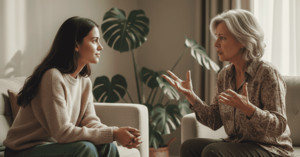 A young woman and an older woman sit facing each other in a cozy living room, engaged in a serious discussion with the older woman gesturing with open hands; the scene portrays a detailed conversation where one person is requesting a step-by-step review of the logic or methodology behind a conclusion.