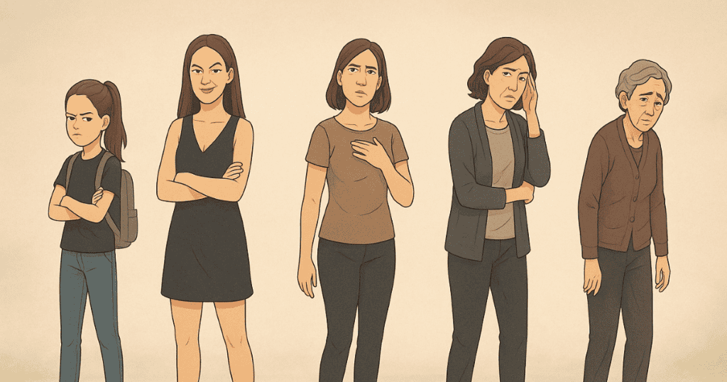 Illustration showing the progression of a woman aging from childhood to old age, symbolizing the five stages of a narcissist’s life and how manipulation tactics evolve over time.