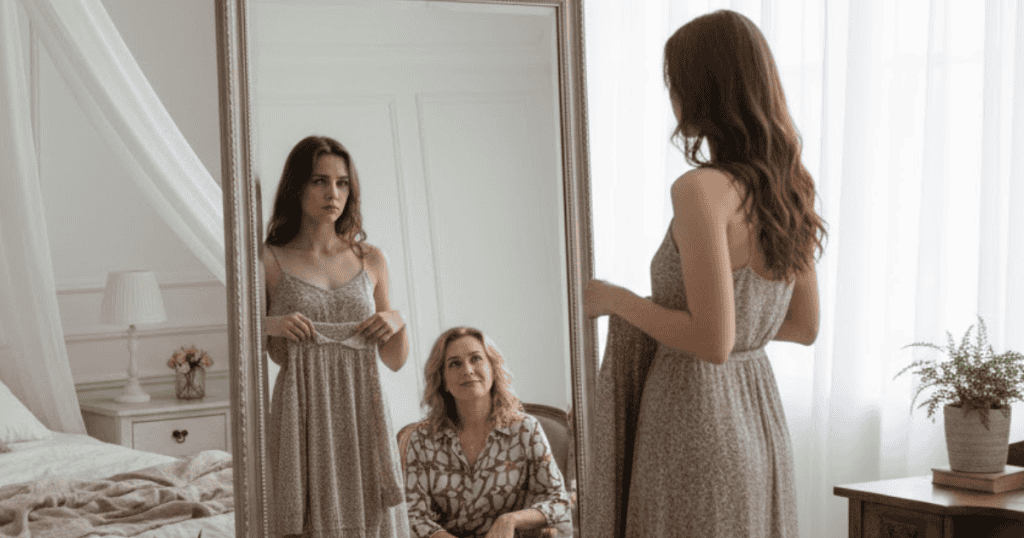 A young woman looks critically at her reflection in a mirror while an older woman watches with a slight smile, symbolizing an outside influence fostering self-questioning.