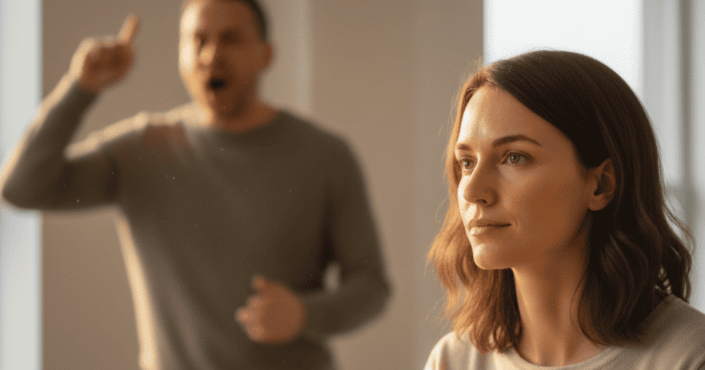 A woman listens intently while a man shouts angrily in the blurred background; her composure challenges the demand for a single, dominant narrative.