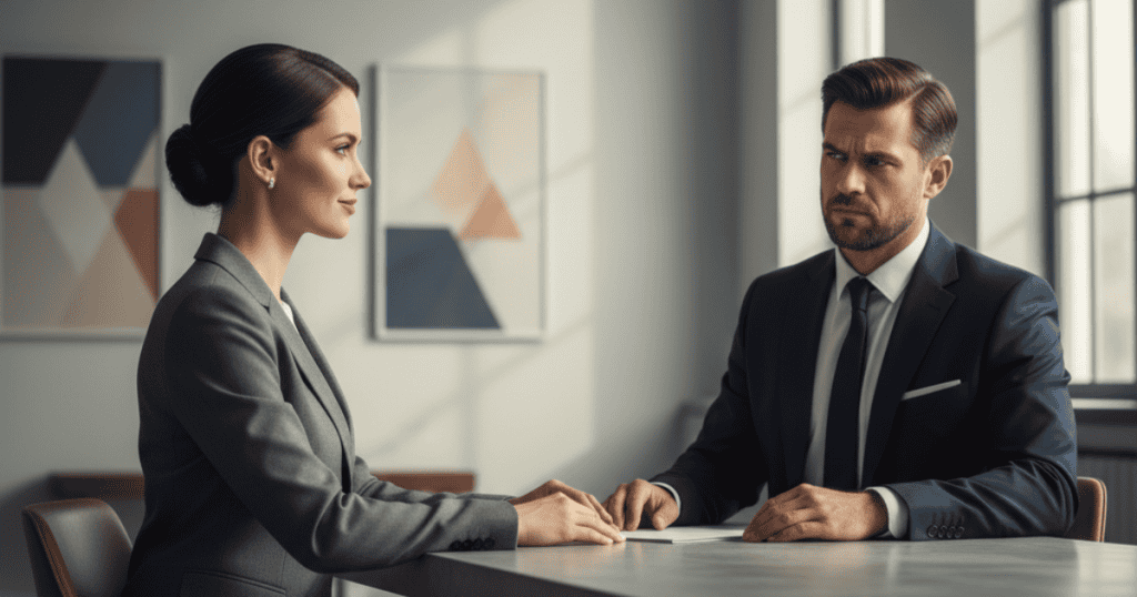 A sharply dressed man and woman sit across a table from each other in a tense, silent business meeting; their stern expressions hint at a dynamic where the woman is seeking a non-confrontational way to challenge her counterpart's competence.