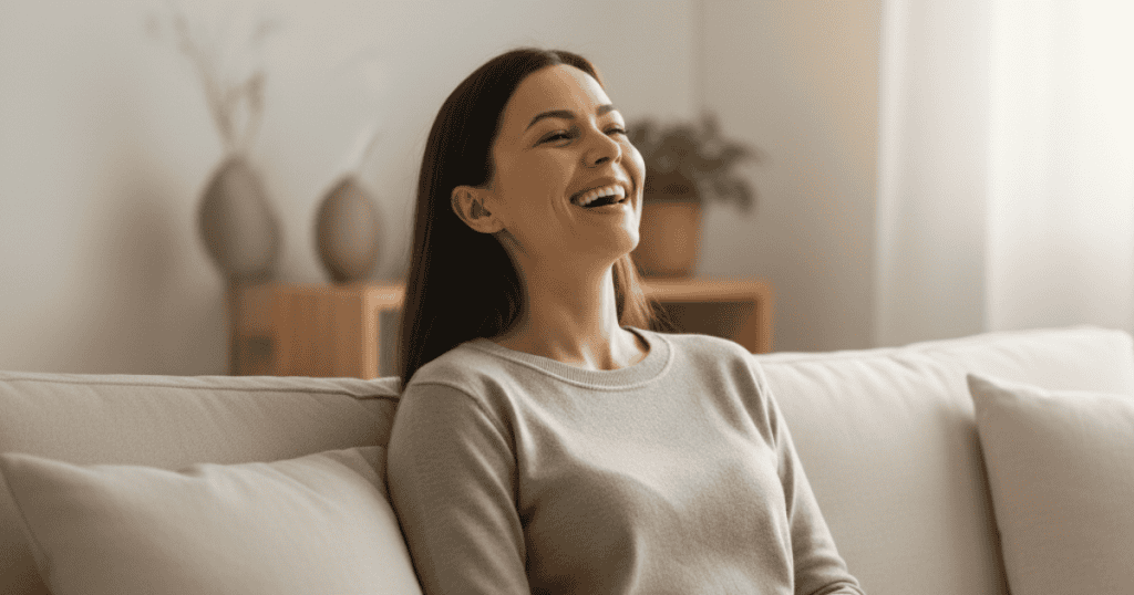 A young woman smiles and laughs while relaxing on a couch in a sunlit living room; her peaceful demeanor is characteristic of the composed state one might adopt to handle difficult, self-important people.
