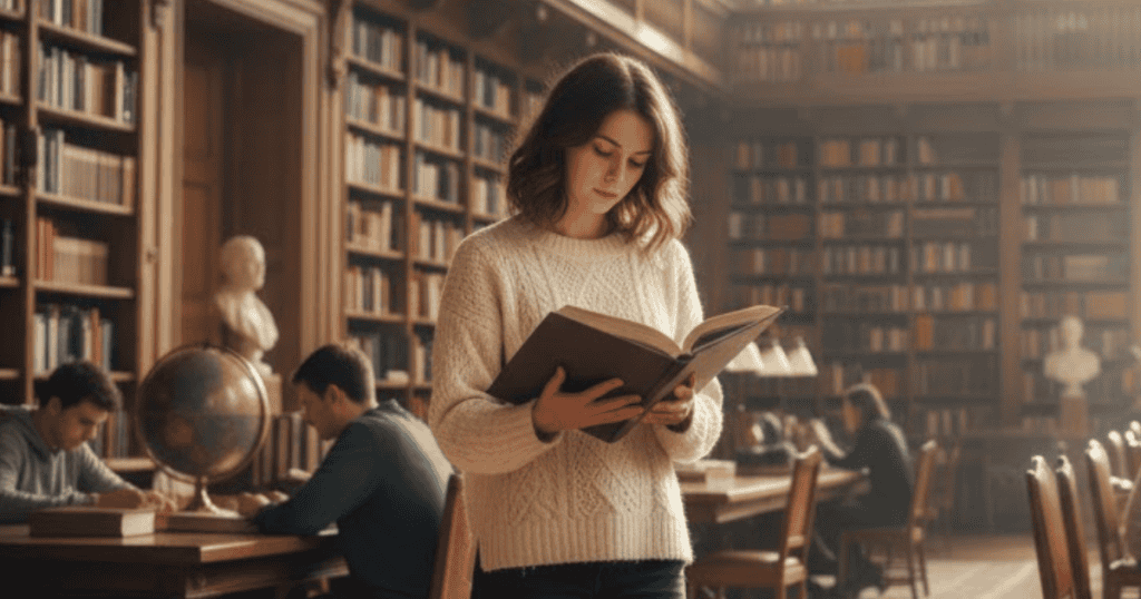 A woman reads a large book while standing in a dimly lit, high-shelved library; the setting implies that finding new perspectives comes through study and reflection.