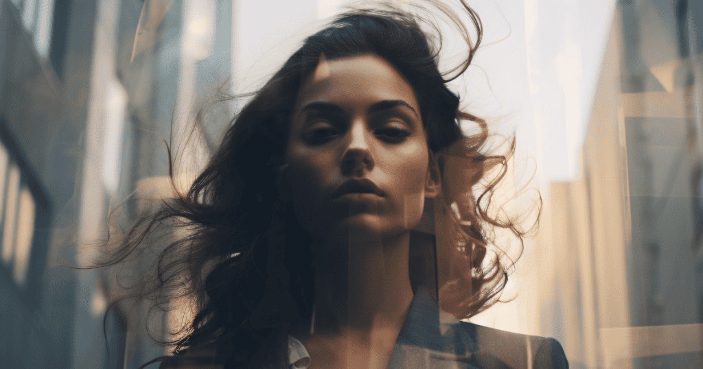 A serious-looking woman with windswept hair is pictured in a subtle double exposure against a blurry city, indicating the mental effort required to outmaneuver a challenging situation.