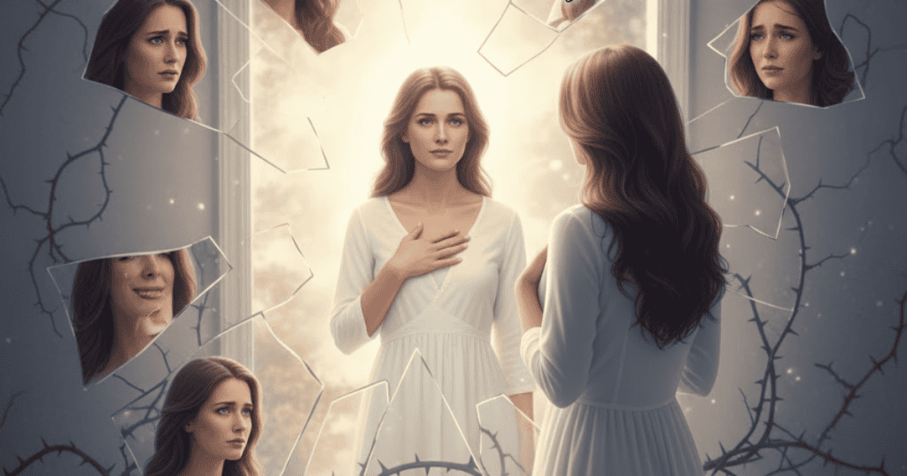 A woman in a white dress stands calmly amidst broken glass fragments that reflect her distressed face; she is looking past the distortions to grasp her true self.