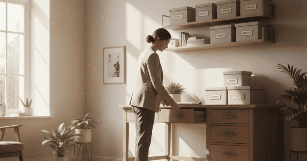A professional woman in a blazer stands over a desk, opening a drawer; she is establishing clear boundaries in her workspace.