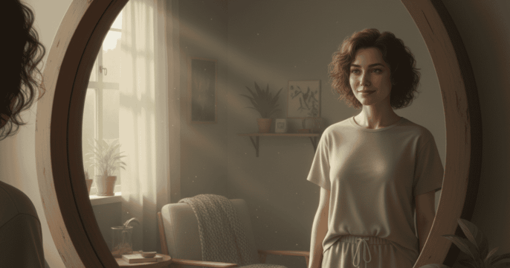 A woman with short, curly hair smiles confidently at her reflection in a large round mirror, suggesting a moment of self-acceptance before confronting a confusing situation.