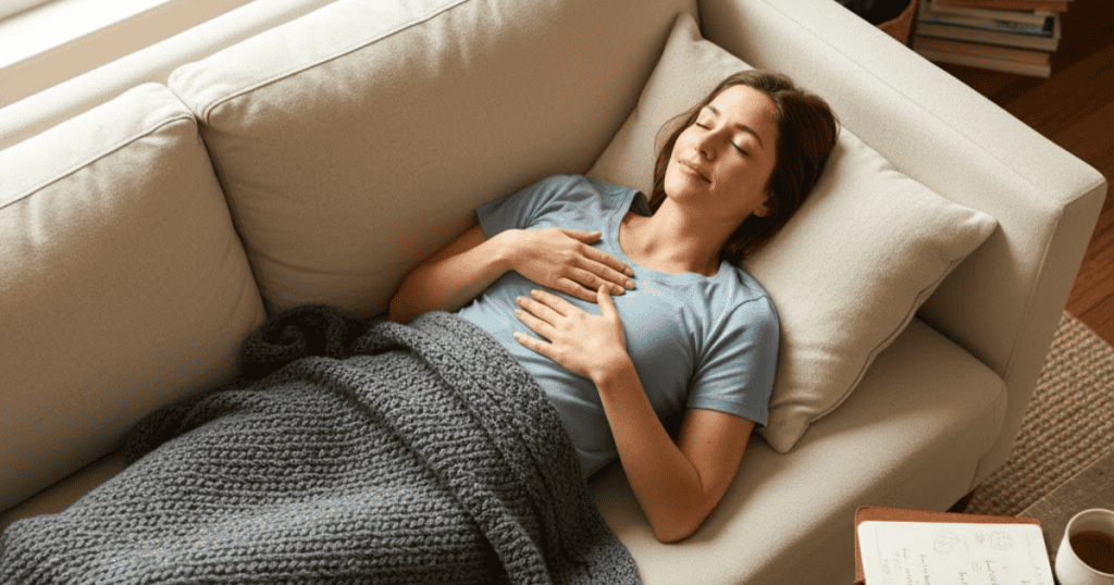 A woman lies covered with a blanket on a couch, gently resting her hands over her heart as she breathes deeply, remembering that internal sensations are separate from objective truth.