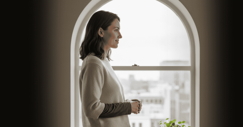 A woman stands in profile looking out a large arched window with a calm, subtle smile; her thoughtful pose suggests she is formulating clarifying inquiries.