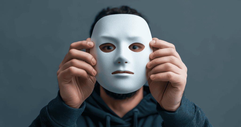 A man holds a plain white, expressionless mask in front of his face with both hands, symbolizing the calculated concealment of a true identity behind a curated persona.